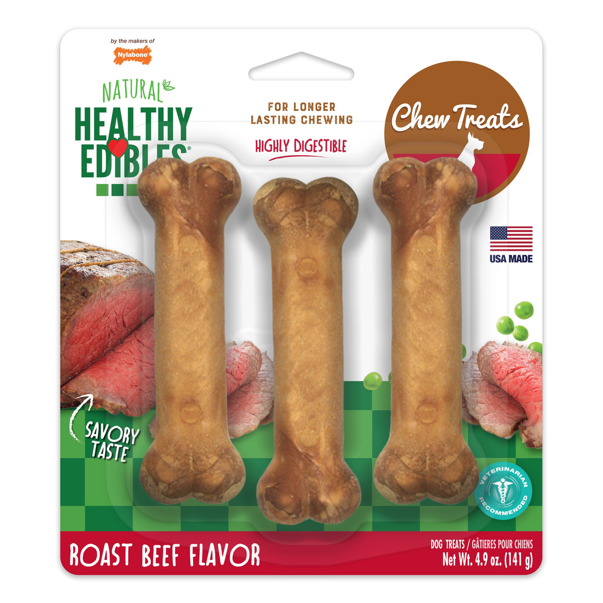 Nylabone Healthy Edibles Longer Lasting Roast Beef Regular 3pk