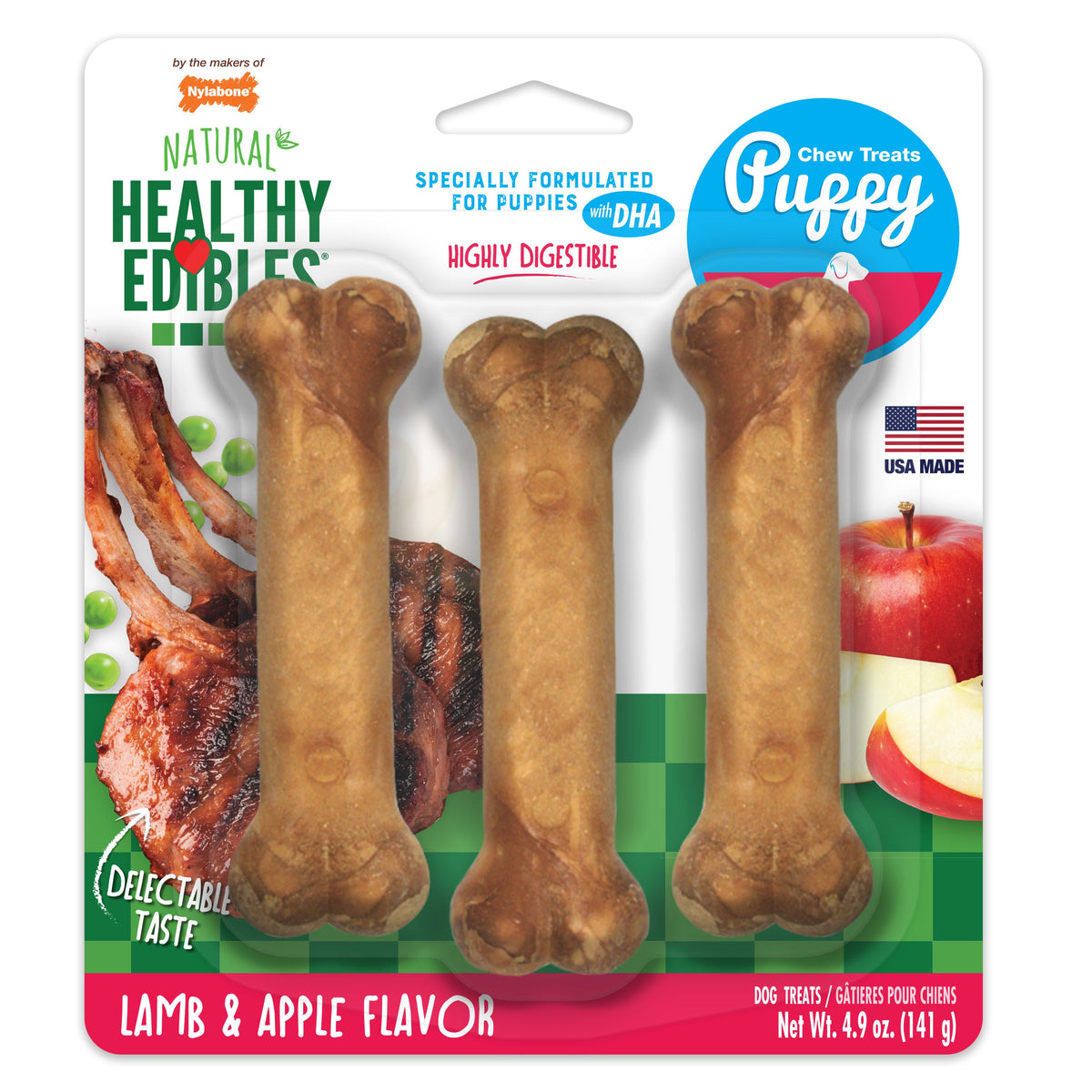 Nylabone Healthy Edibles Puppy Lamb & Apple Blister Card Regular 3ct