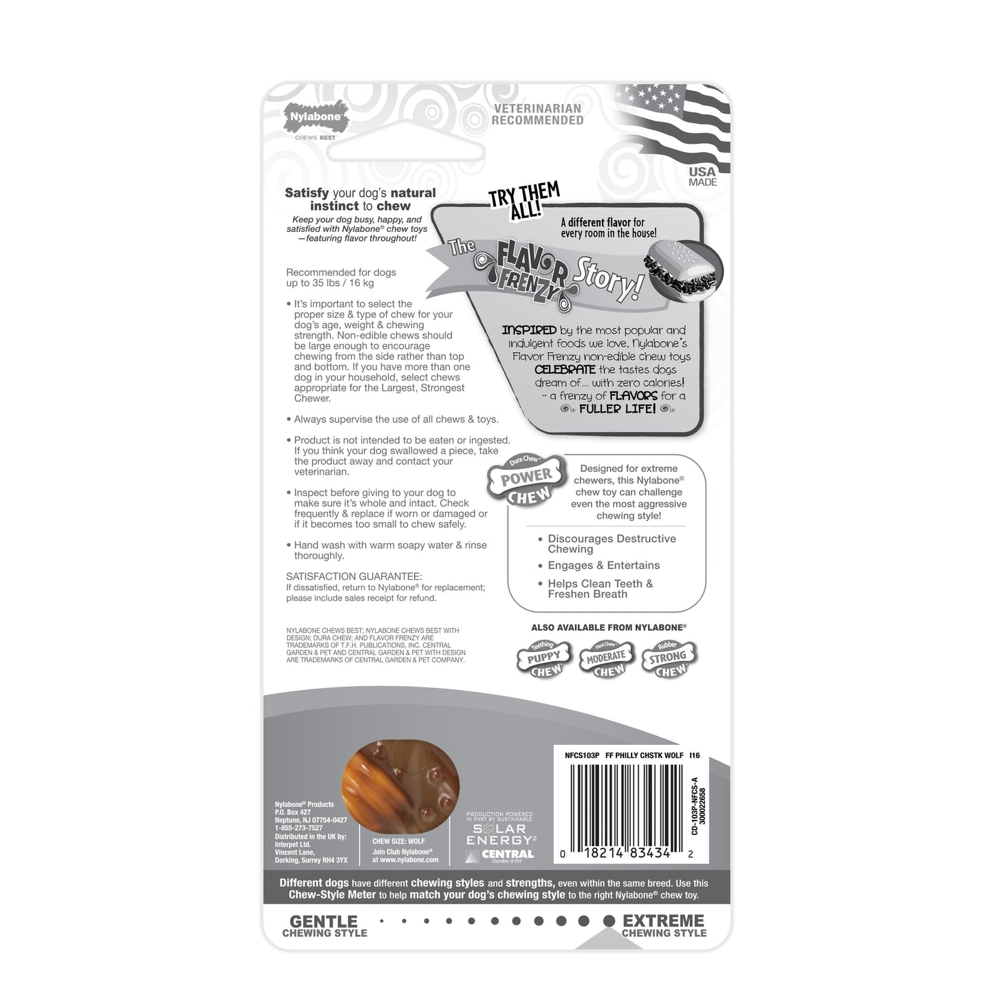 Nylabone Flavor Frenzy Power Chew Durable Dog Chew Toy Philly Cheesesteak, 1ea/Medium/Wolf  Up To 35 Lbs. 1 ct