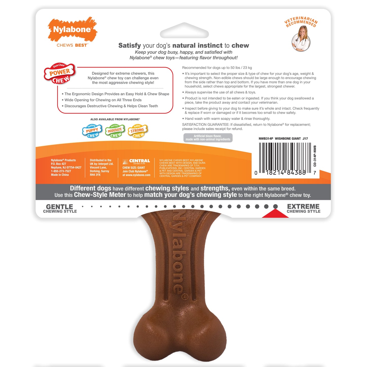 Nylabone Ergonomic Hold  Chew Wishbone Power Chew Durable Dog Toy Bison, 1ea/Large/Giant  Up To 50 lb