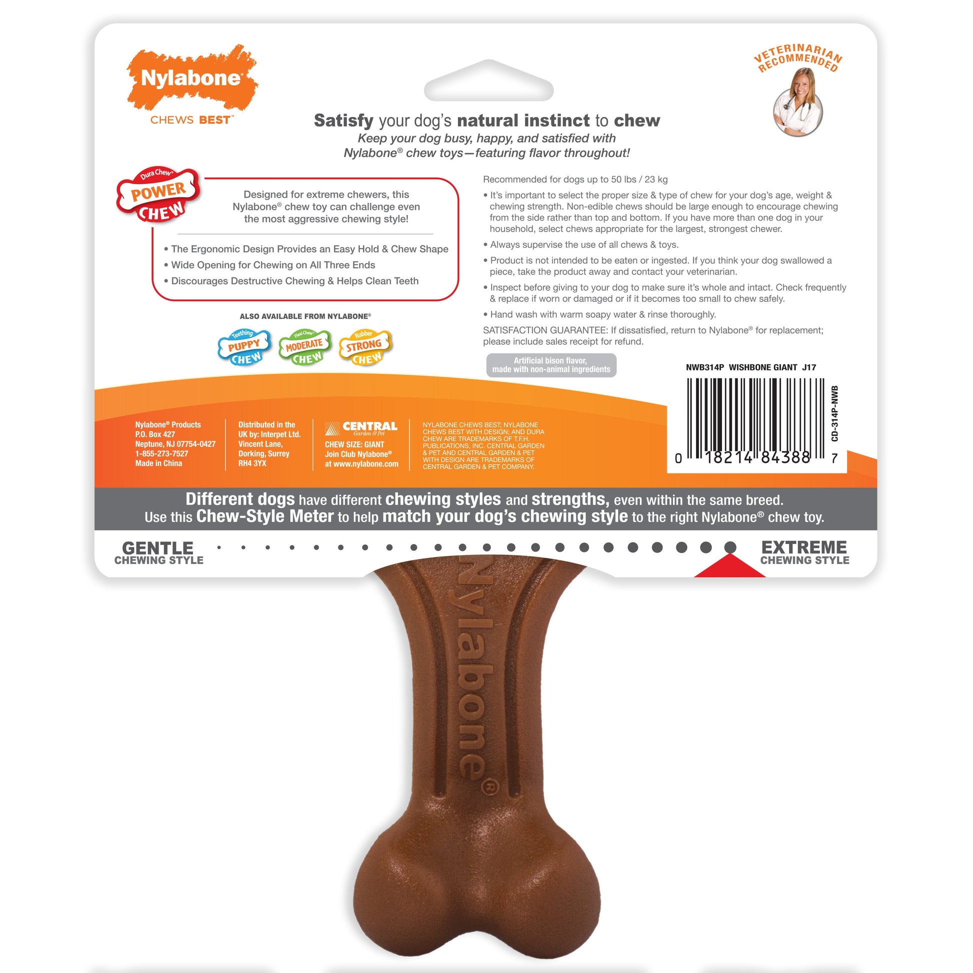 Nylabone Ergonomic Hold  Chew Wishbone Power Chew Durable Dog Toy Bison, 1ea/Large/Giant  Up To 50 lb