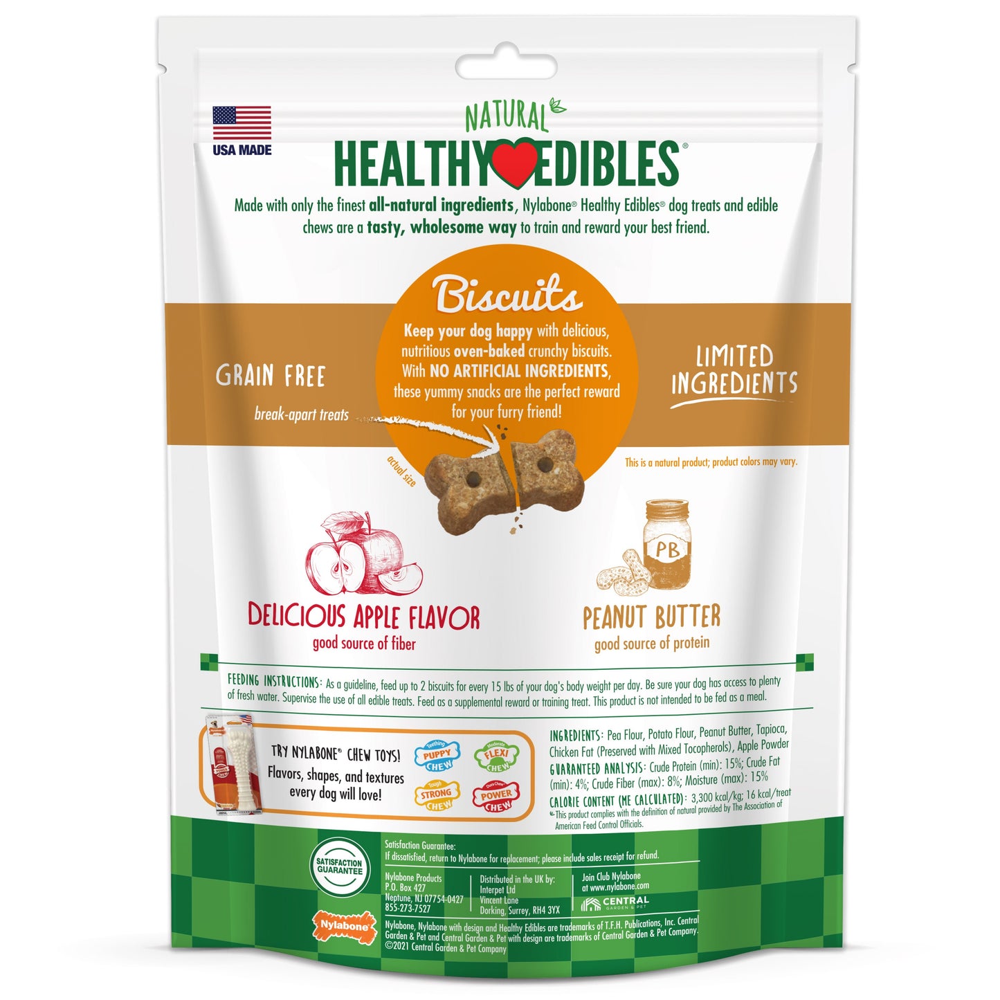 Nylabone Healthy Edibles Biscuits Grain Free Dog Treats Peanut Butter & Apple 1ea/12 oz