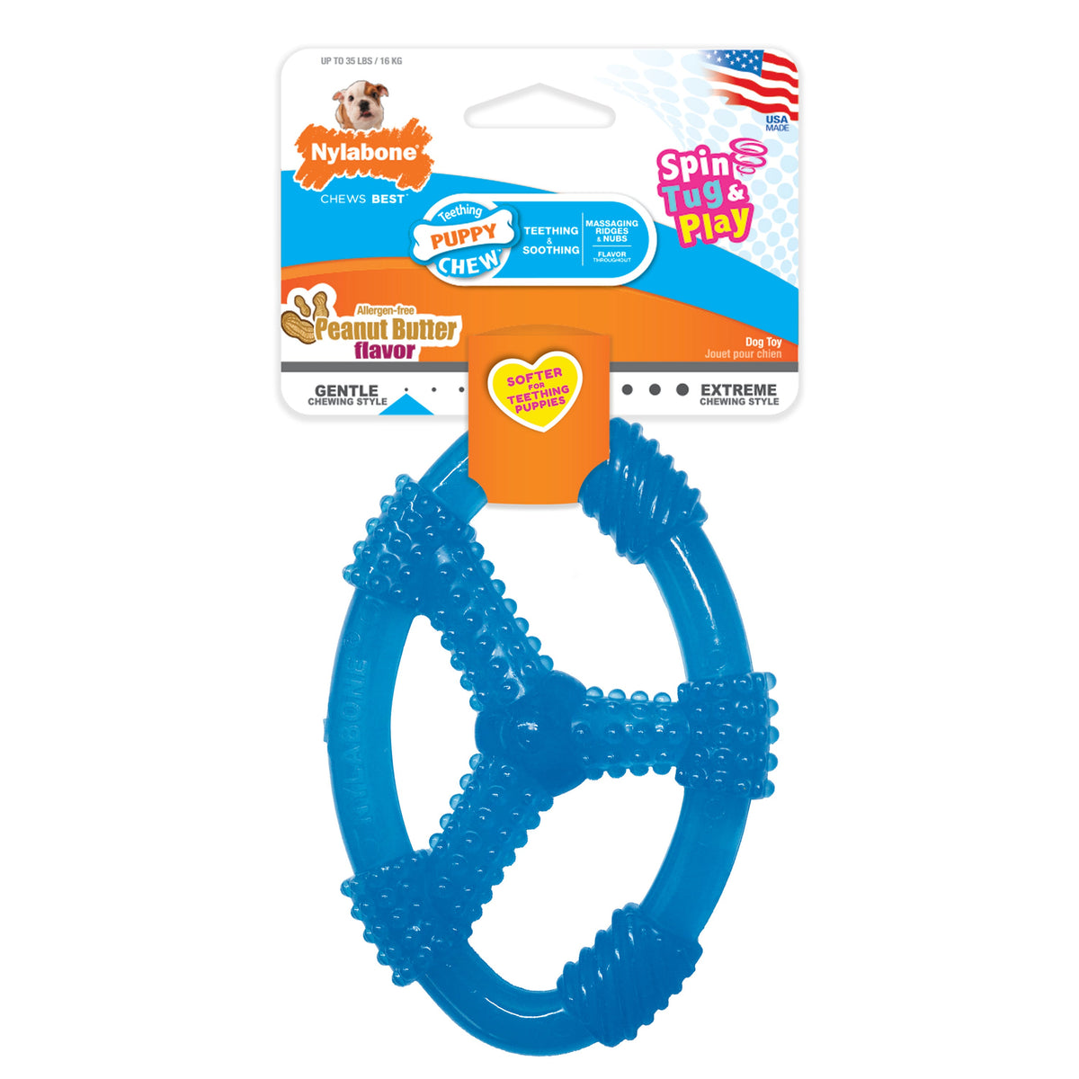 Nylabone Spring Tug & Play Puppy Oval Ring Peanut Butter Blue Wolf