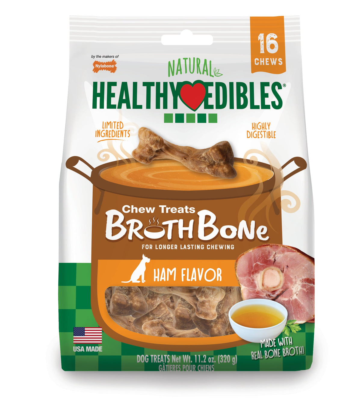 Nylabone Healthy Edibles Bone Broth Ham Small Pouch 16ct