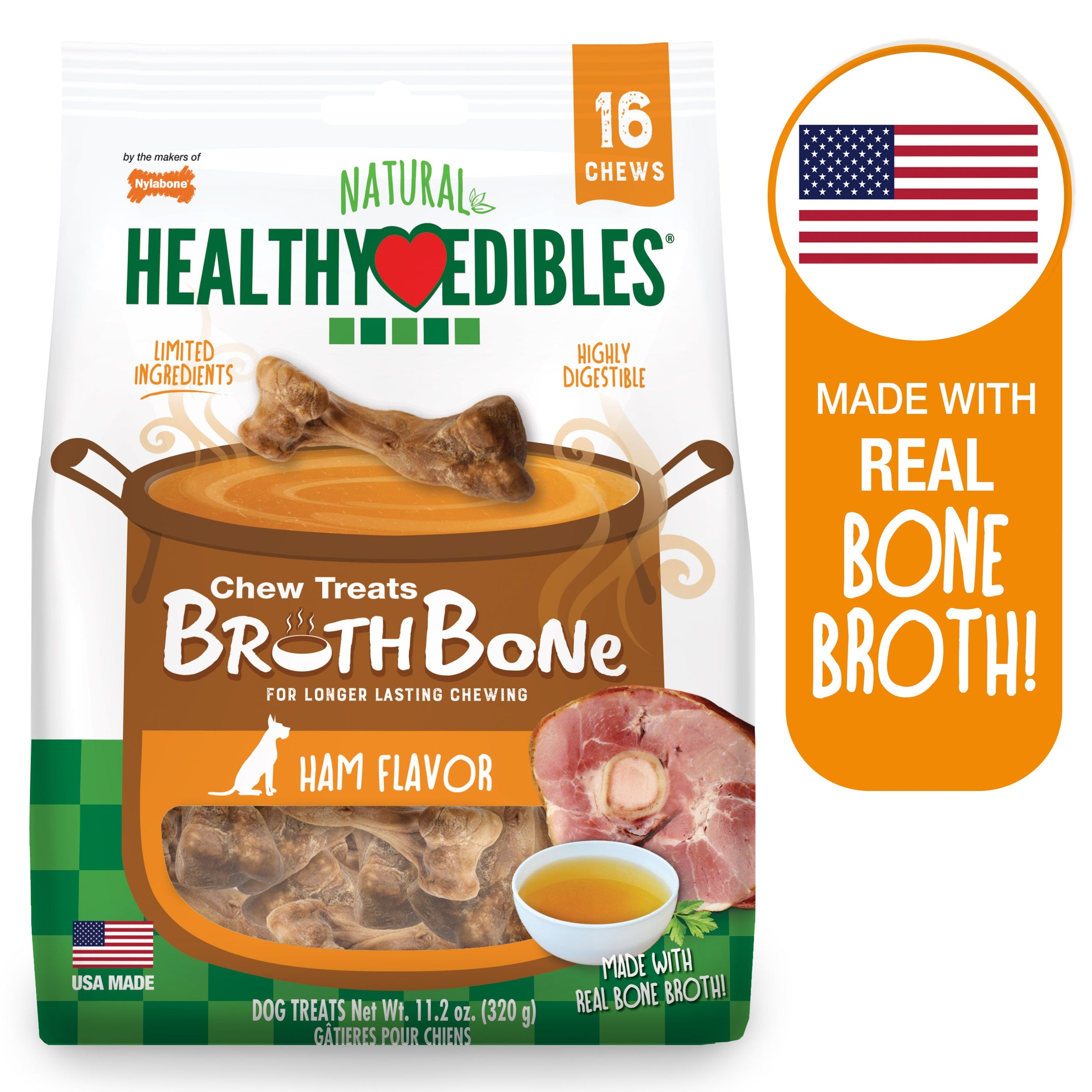 Nylabone Healthy Edibles Bone Broth Ham Small Pouch 16ct
