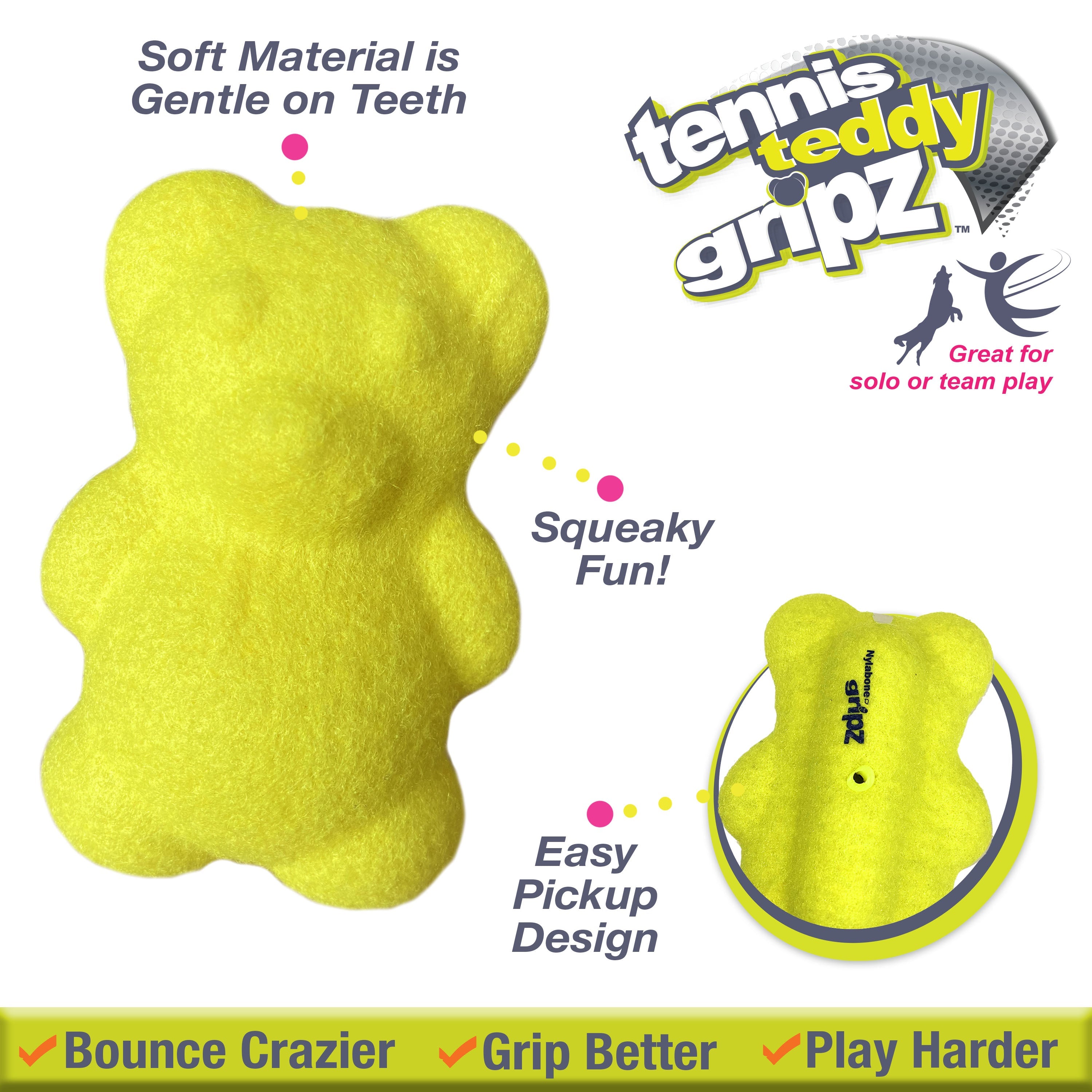 Nylabone Power Play Tennis Teddy Gripz Bear Dog Toy 1ea/Medium/Wolf  Up To 35 Lbs. 1 ct