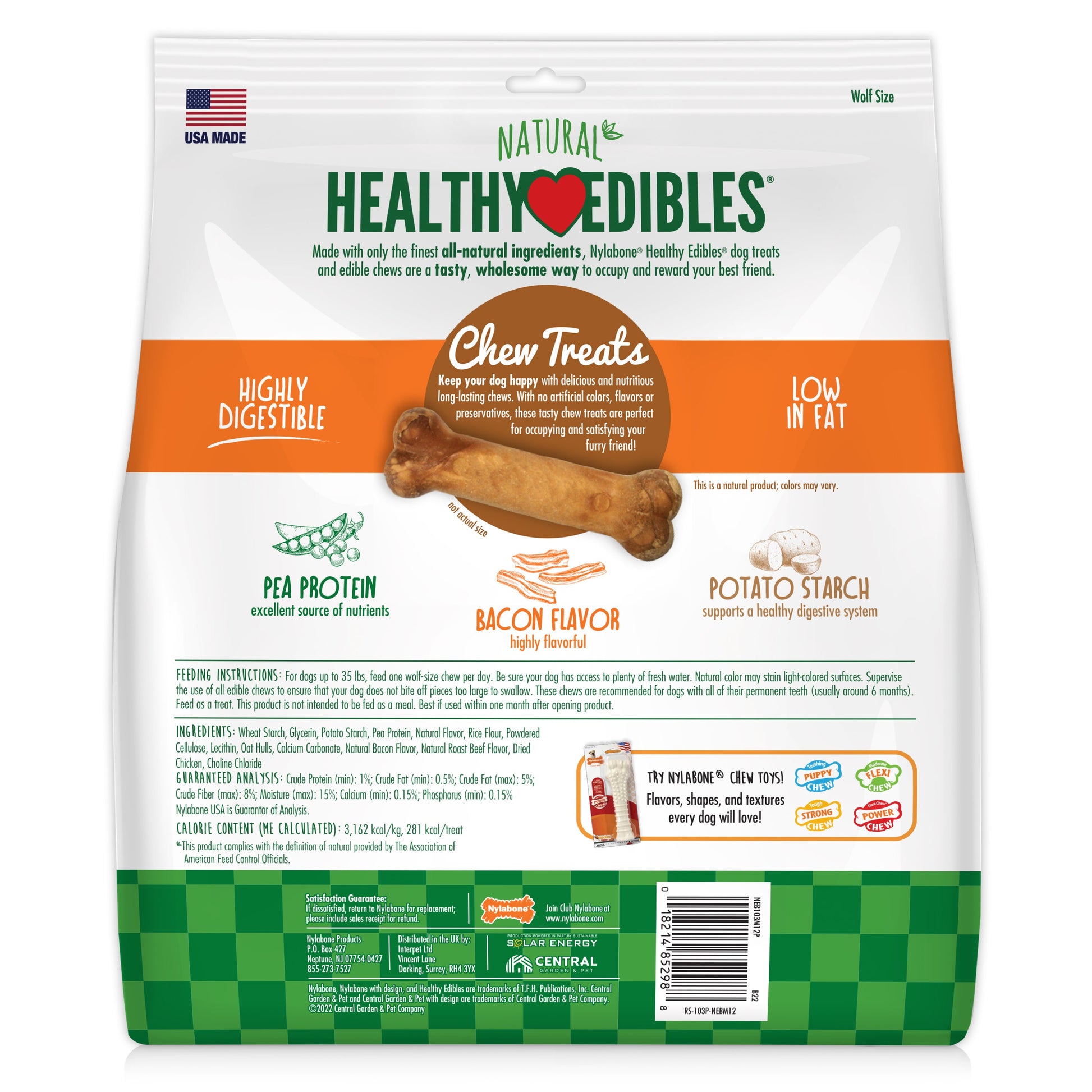 Nylabone Healthy Edibles AllNatural Long Lasting Chew Treats Bacon, 1ea/Medium/Wolf  Up To 35 Lbs. 12 ct