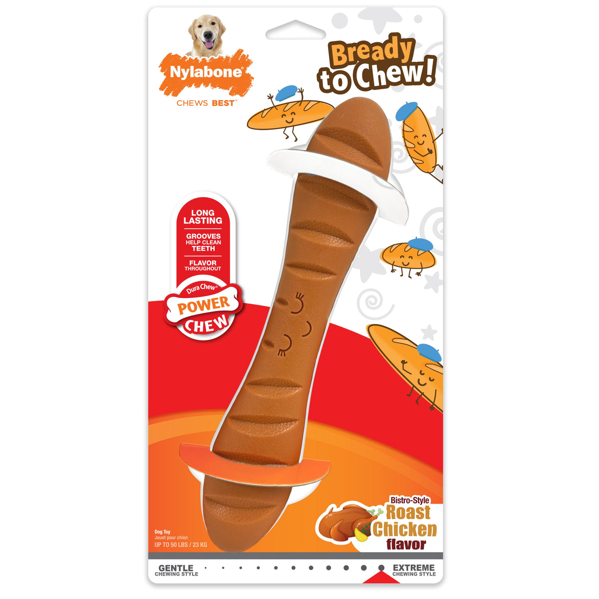 Nylabone Power Chew Baguette Dog Toy Bistro-Style Roast Chicken Large