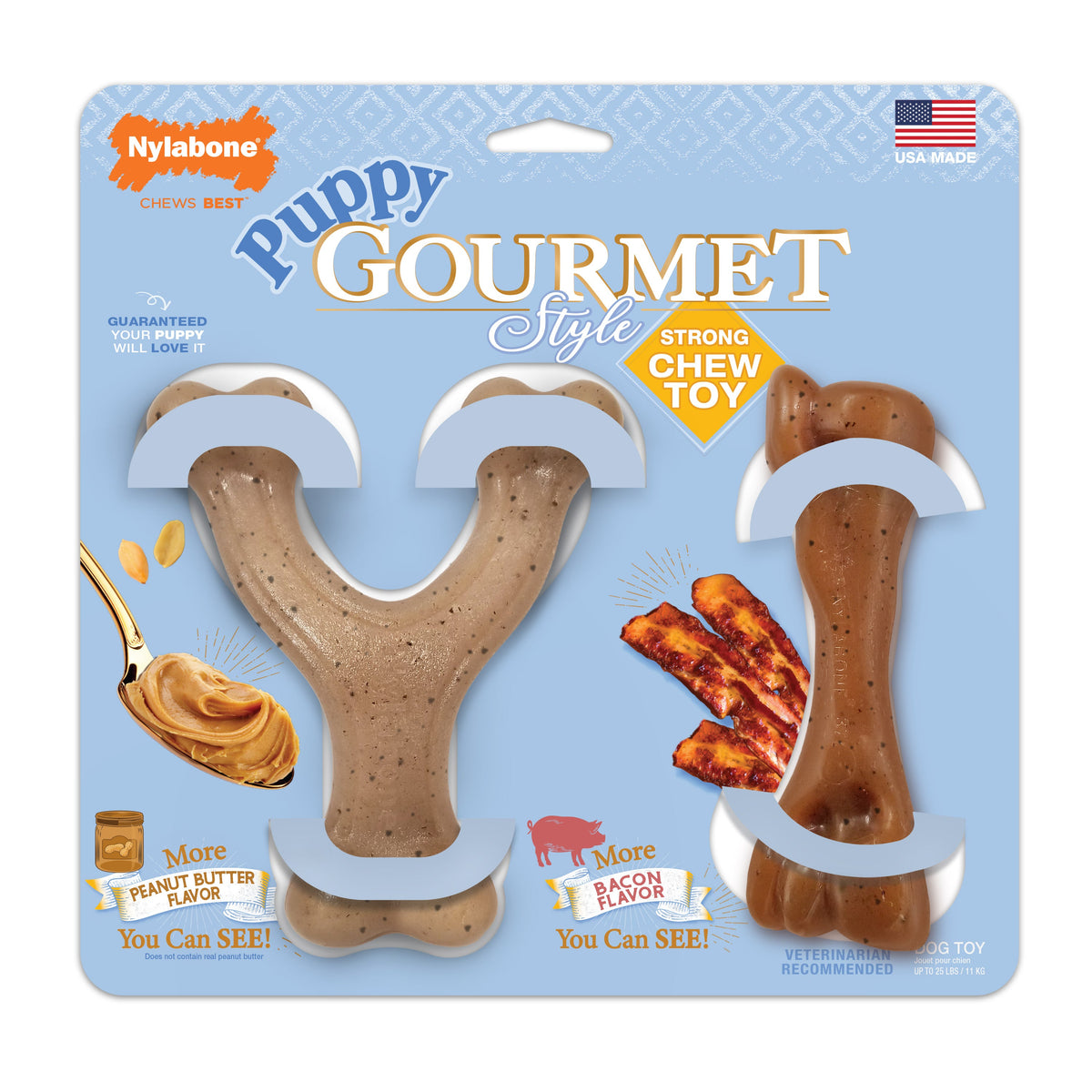 Nylabone Puppy Gourmet Style Strong Chew Dog Toy Bacon/Peanut Butter Regular 2ct
