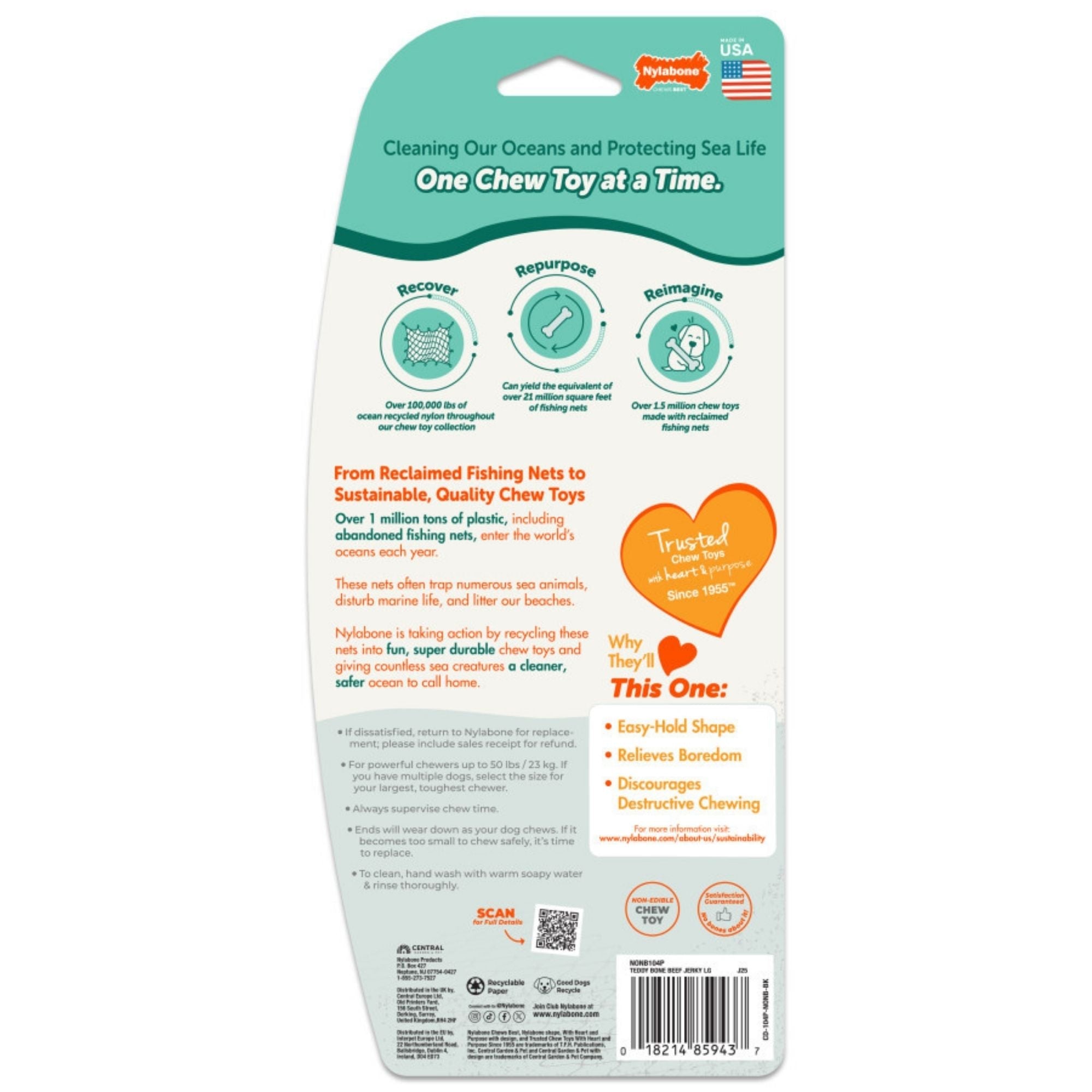 Nylabone Power Chew Love Our Oceans Teddy Bear Bone Dog Chew Toy Beef Jerky, 1ea/Large