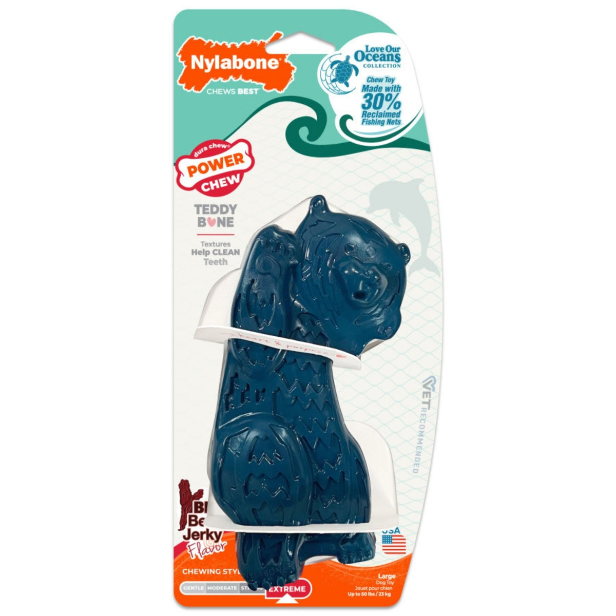 Nylabone Power Chew Love Our Oceans Teddy Bear Bone Dog Chew Toy Beef Jerky, 1ea/Large
