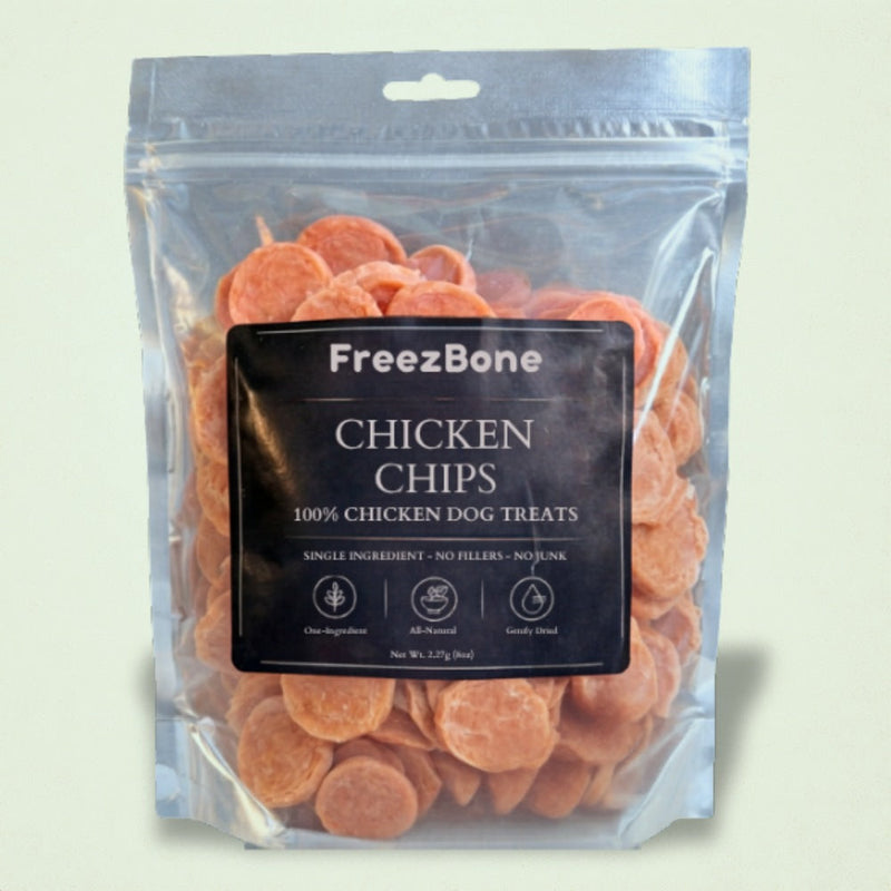 Freezbone Chicken Chips Dog Treats – Single Ingredient High Protein (Value Size 8 oz)