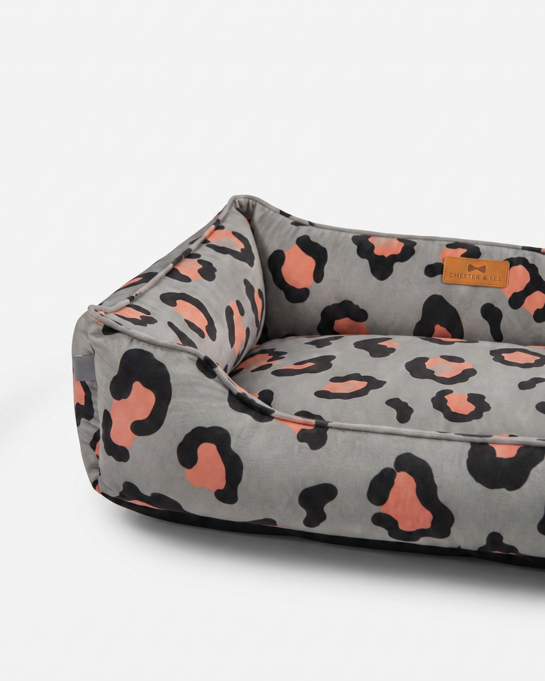 Chester & Lee | Velvet Sleeper Dog Bed Gray & Peach Leopard Print