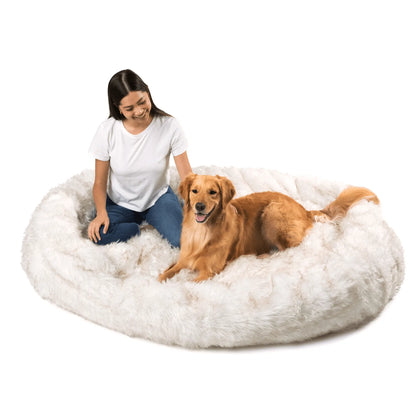 PupCloud™ Human-Size Dog Bed + Matching Waterproof Blanket Bundle - White with Brown Accents Paw.com