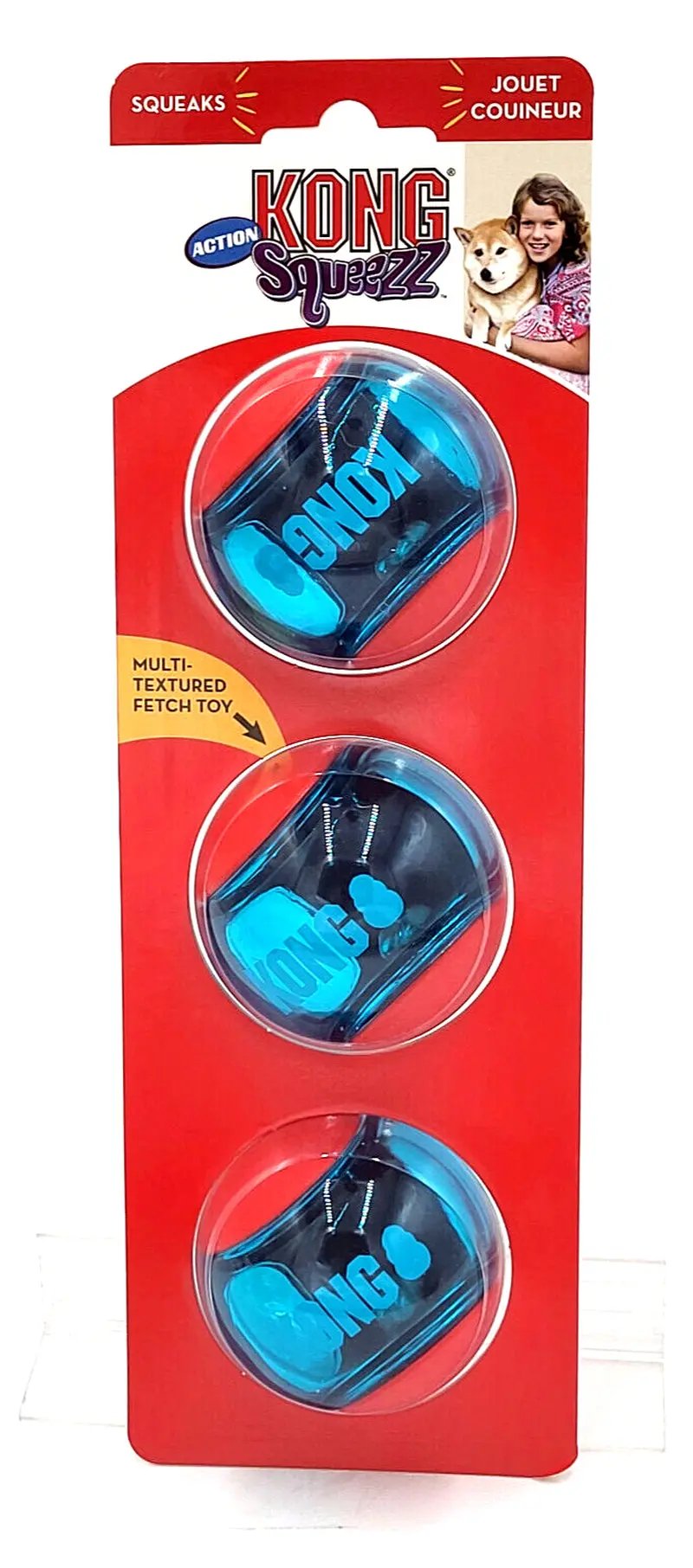 KONG Squeezz Action Ball MEDIUM Red 3 Pack Squeaky Dog Fetch Toy