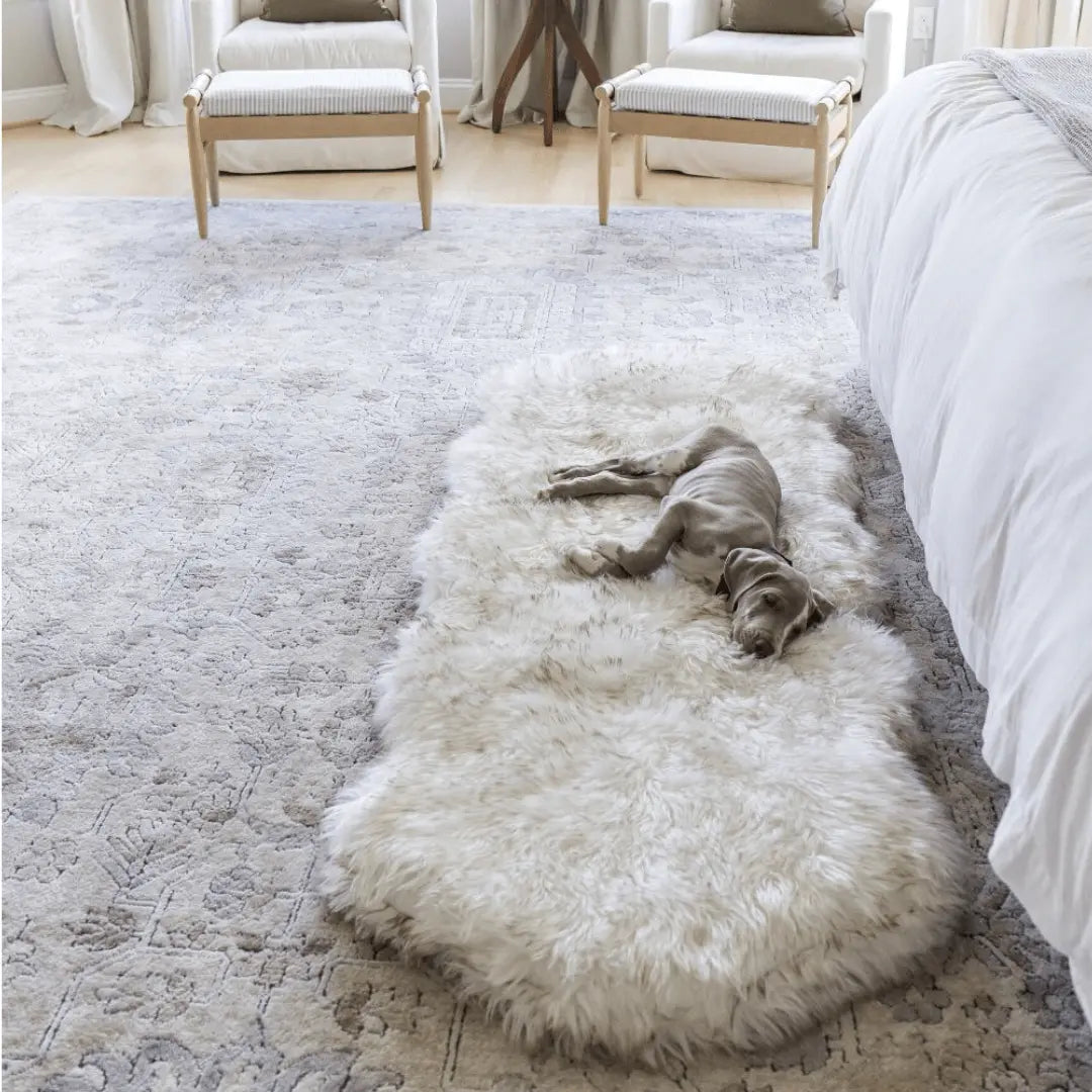 PupRug™ Runner Faux Fur Memory Foam Dog Bed - Curve White with Brown Accents Paw.com