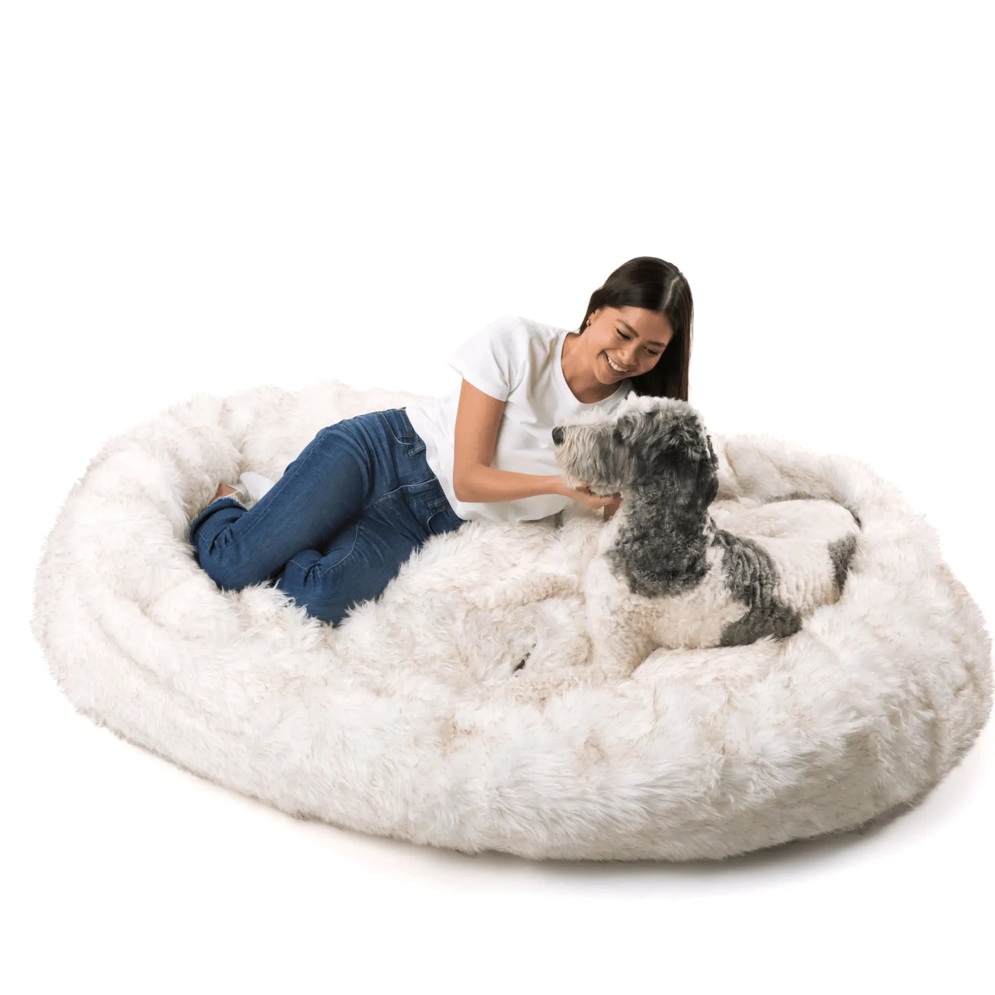 PupCloud™ Human-Size Faux Fur Memory Foam Dog Bed - White with Brown Accents Paw.com
