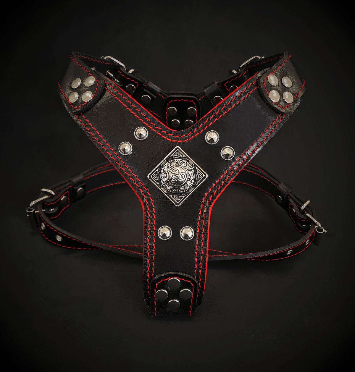 Bestia Eros Leather Dog Harness – Black & Red, Small–Medium Dogs