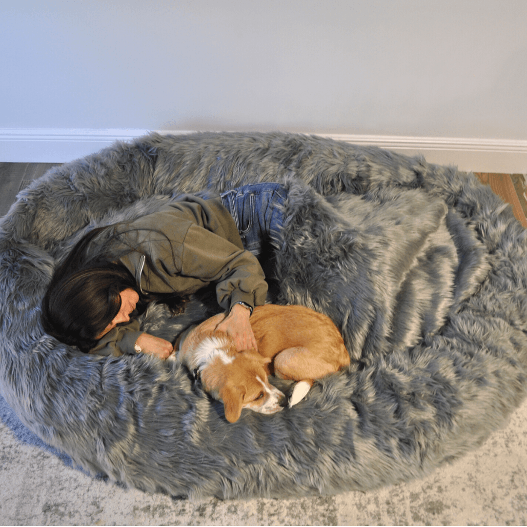 PupCloud™ Human-Size Faux Fur Memory Foam Dog Bed - Charcoal Grey Paw.com