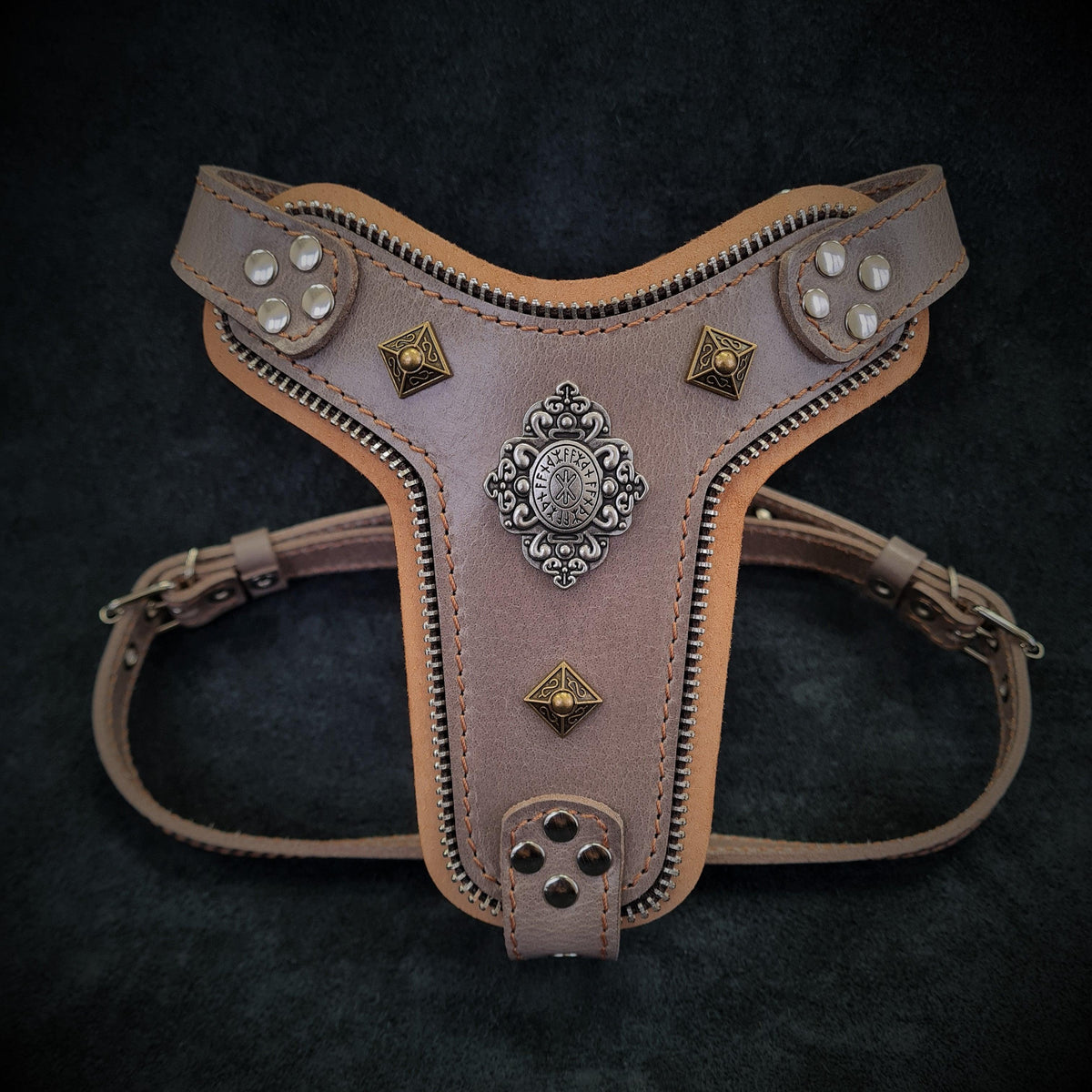 Bestia Aztec Leather Dog Harness – Grey, Small–Medium Dogs