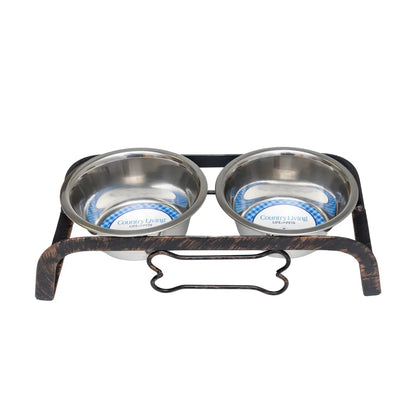 Country Living Rustic Dog Bone Elevated Feeder with 2 Stainless Steel Bowls American Pet Supplies