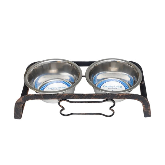 Country Living Rustic Dog Bone Elevated Feeder with 2 Stainless Steel Bowls American Pet Supplies
