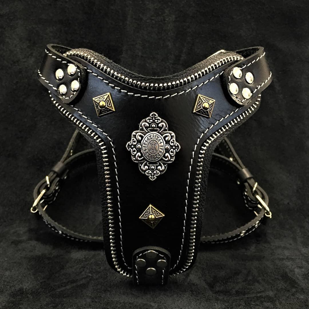 Bestia Aztec Leather Dog Harness – Black, Small–Medium Dogs