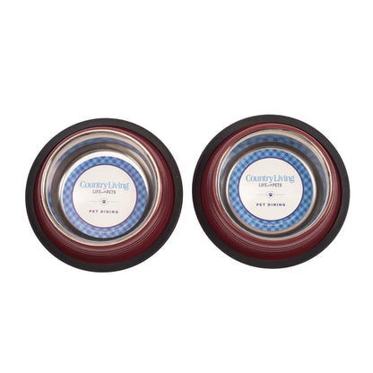 Country Living Set of 2 Ribbed Non-Slip Pet Bowls – Merlot Red American Pet Supplies