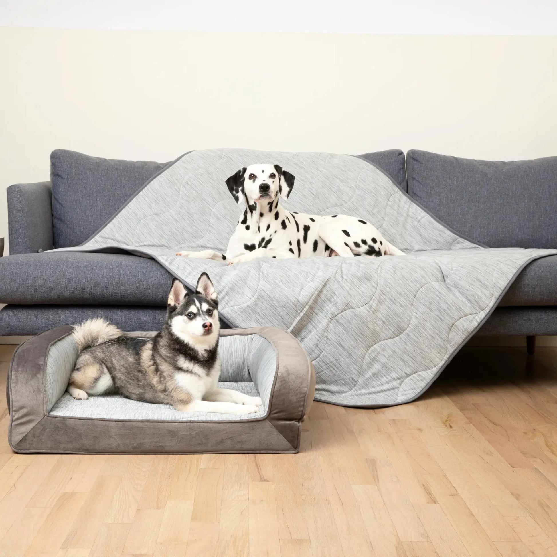 PupChill™ Cooling Bolster Dog Bed + Waterproof Blanket Bundle - Arctic Grey Paw.com