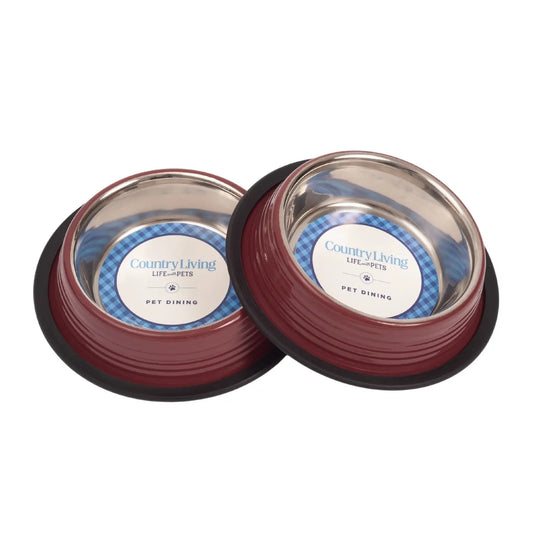 Country Living Set of 2 Ribbed Non-Slip Pet Bowls – Merlot Red American Pet Supplies
