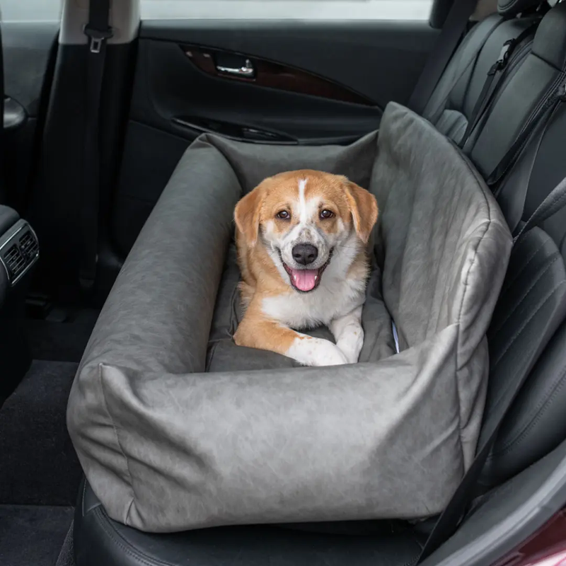 PupProtector™ Faux Cool-to-Touch Vegan Leather Memory Foam Dog Car Bed - Slate Gray