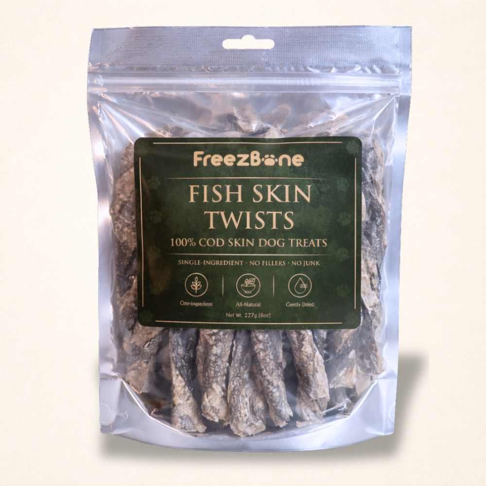Freezbone Fish Skin Twists Dog Treats- Single Ingredient (Value Size 8 oz)