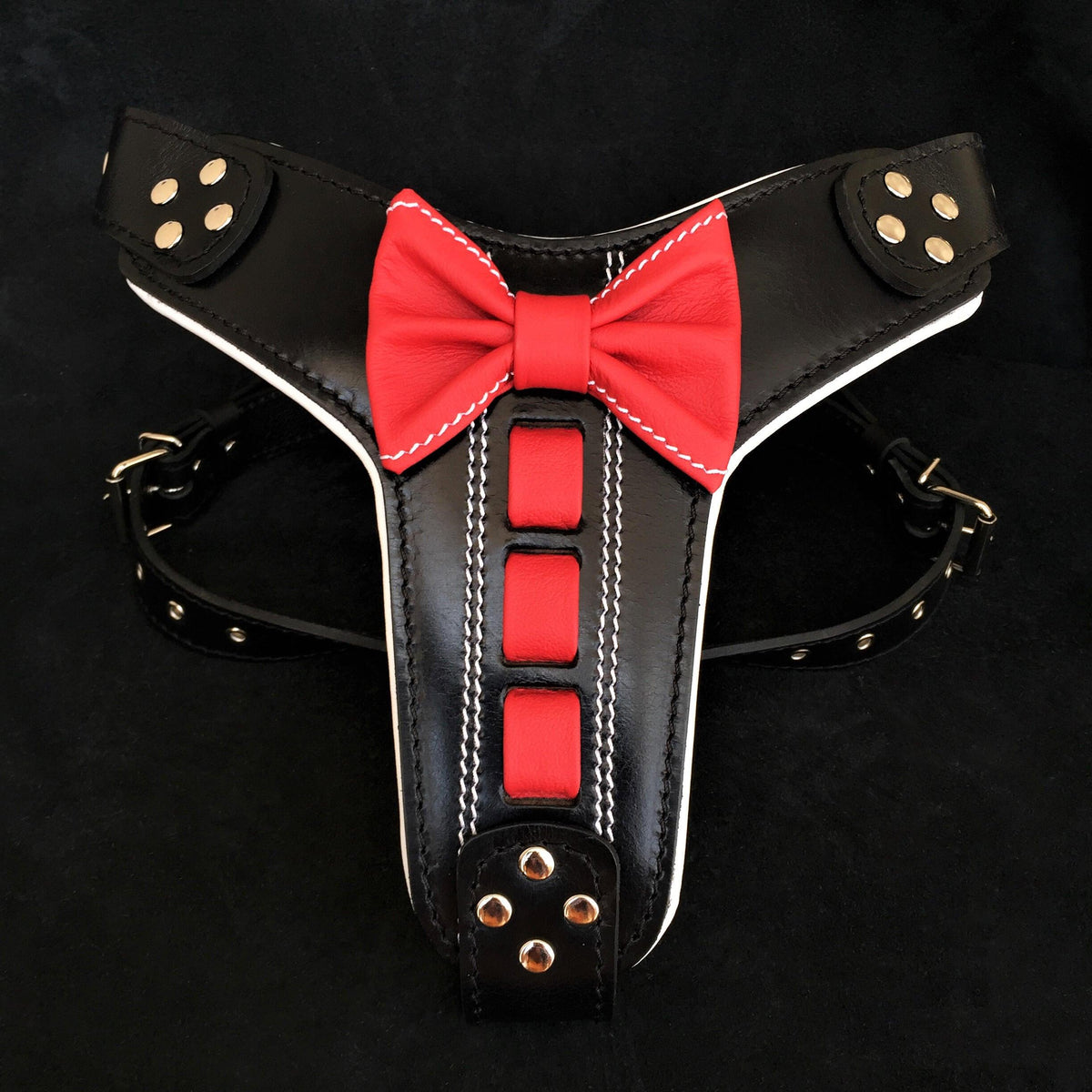 Bestia Bowtie Leather Dog Harness – Black & Red, Large Breeds