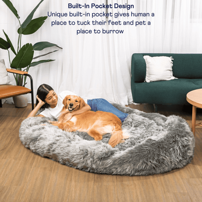 PupCloud™ Human-Size Faux Fur Memory Foam Dog Bed - Charcoal Grey Paw.com