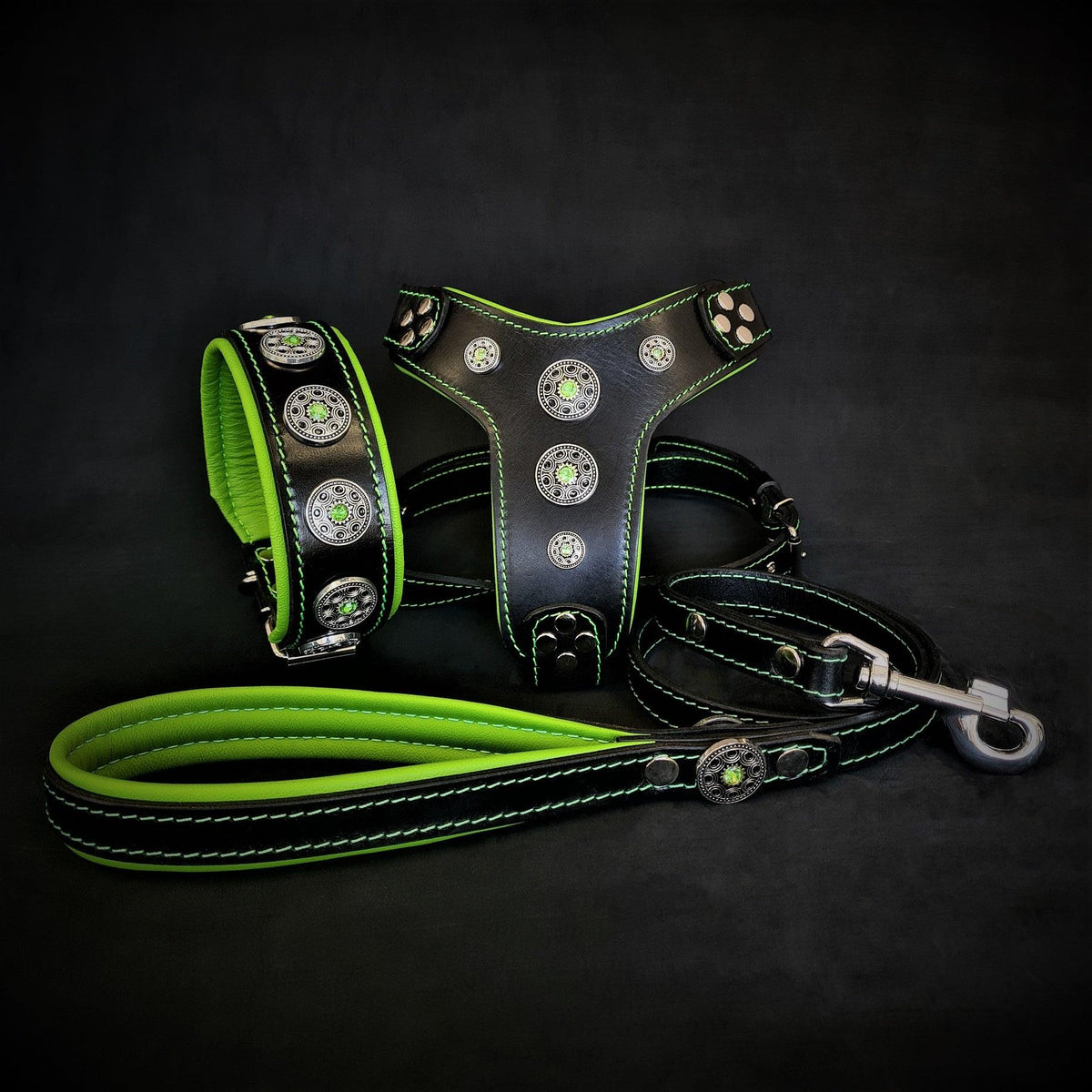Bestia Bijou Leather Harness, Collar & Leash Set – Green