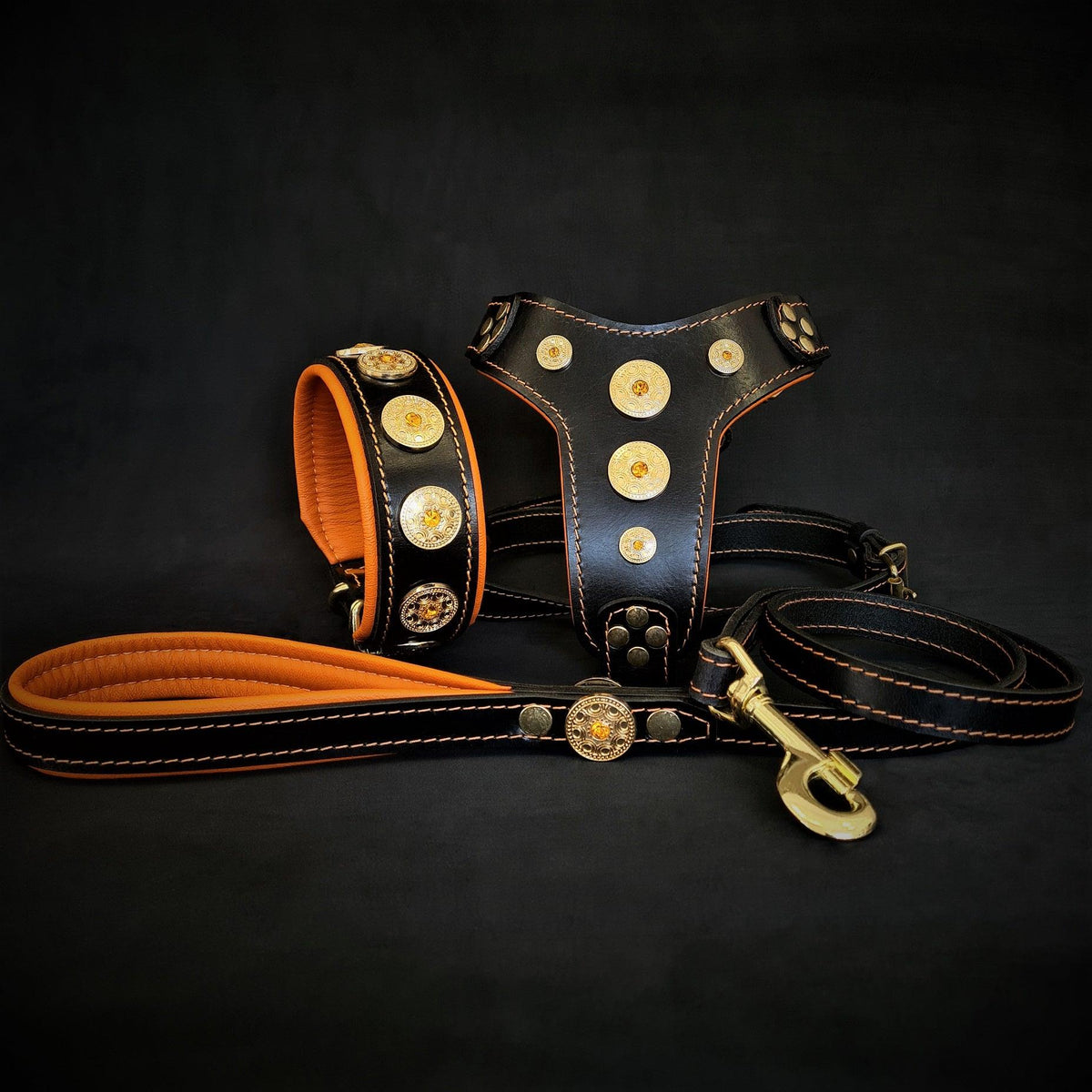 Bestia Bijou Leather Harness, Collar & Leash Set – Orange