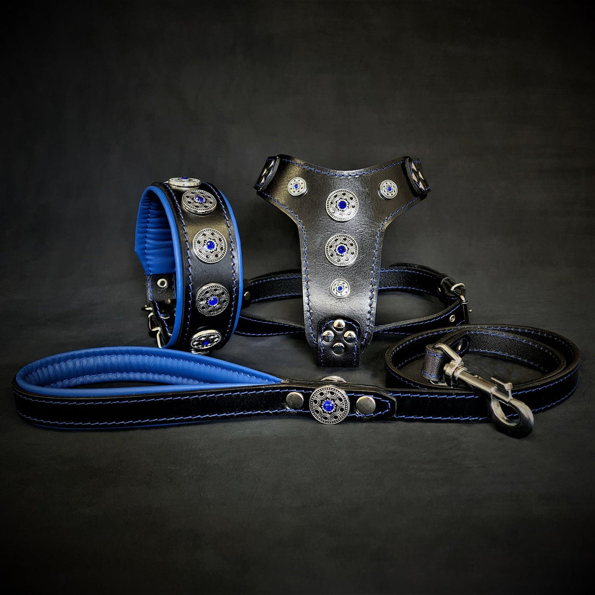 Bestia Bijou Leather Harness, Collar & Leash Set – Blue