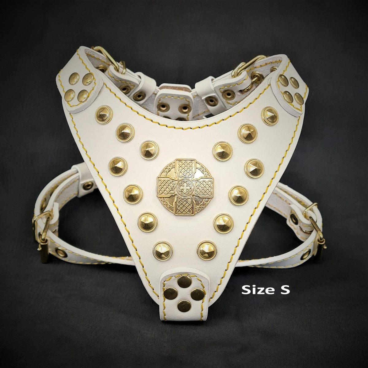 Bestia Maximus Leather Dog Harness – White & Gold, Small–Medium Dogs
