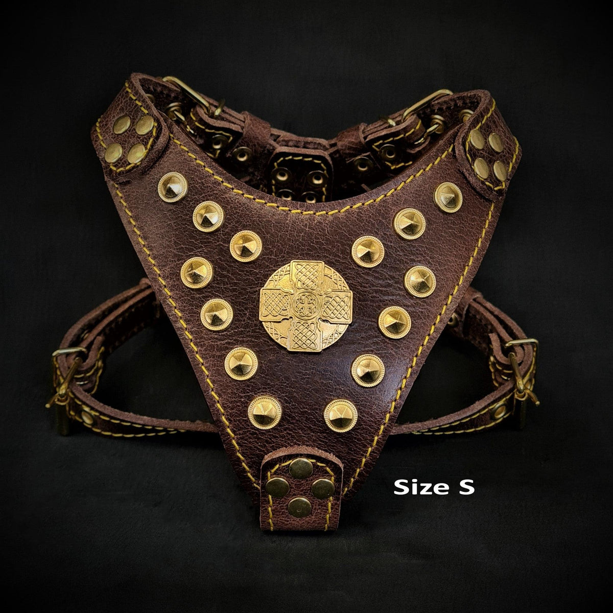 Bestia Maximus Leather Dog Harness – Brown & Gold, Small–Medium Dogs