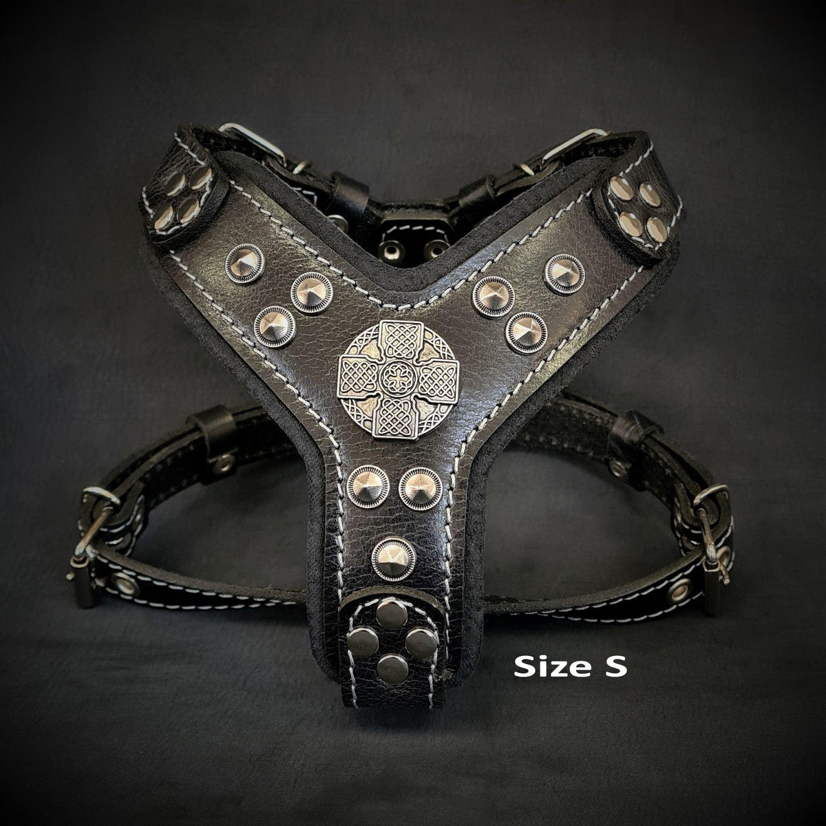 Bestia Maximus Leather Dog Harness – Black & Silver, Small–Medium Dogs