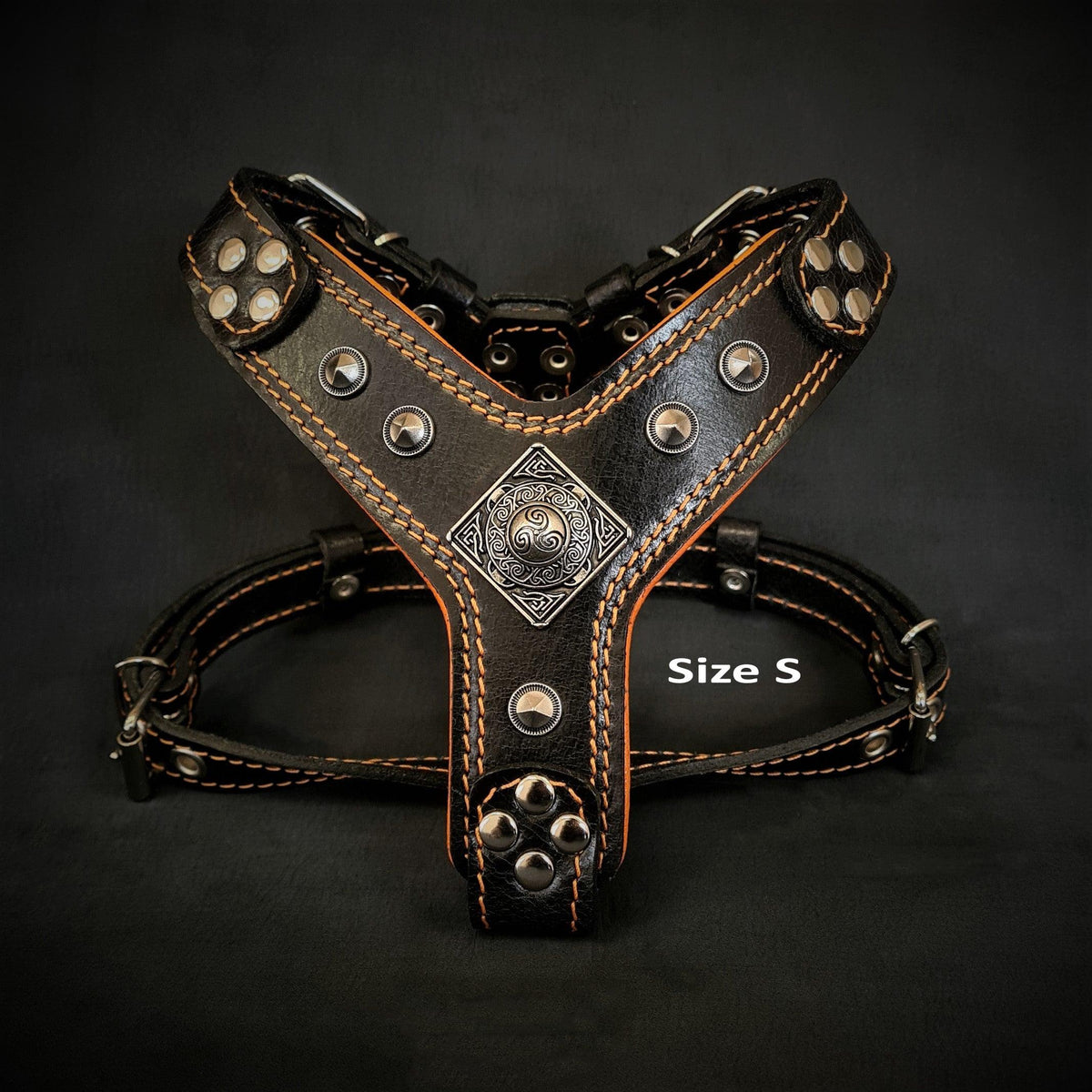 Bestia Eros Leather Dog Harness – Black & Orange, Small–Medium Dogs