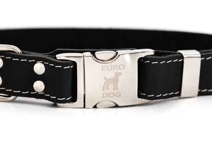 Bestseller Quick-Release Midnight Black Leather Dog Collar with Metal Buckle Euro-Dog Collars and Leads