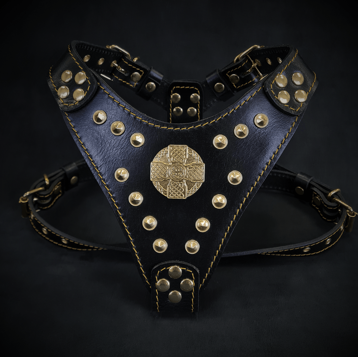 Bestia Maximus Leather Dog Harness – Black & Gold, Small–Medium Dogs