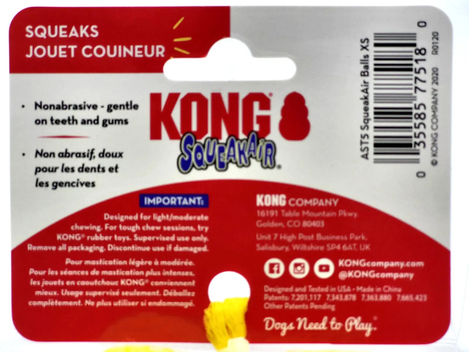 KONG Airdog Squeakair Tennis Balls 3 Ct XS Dog Fetch Toy