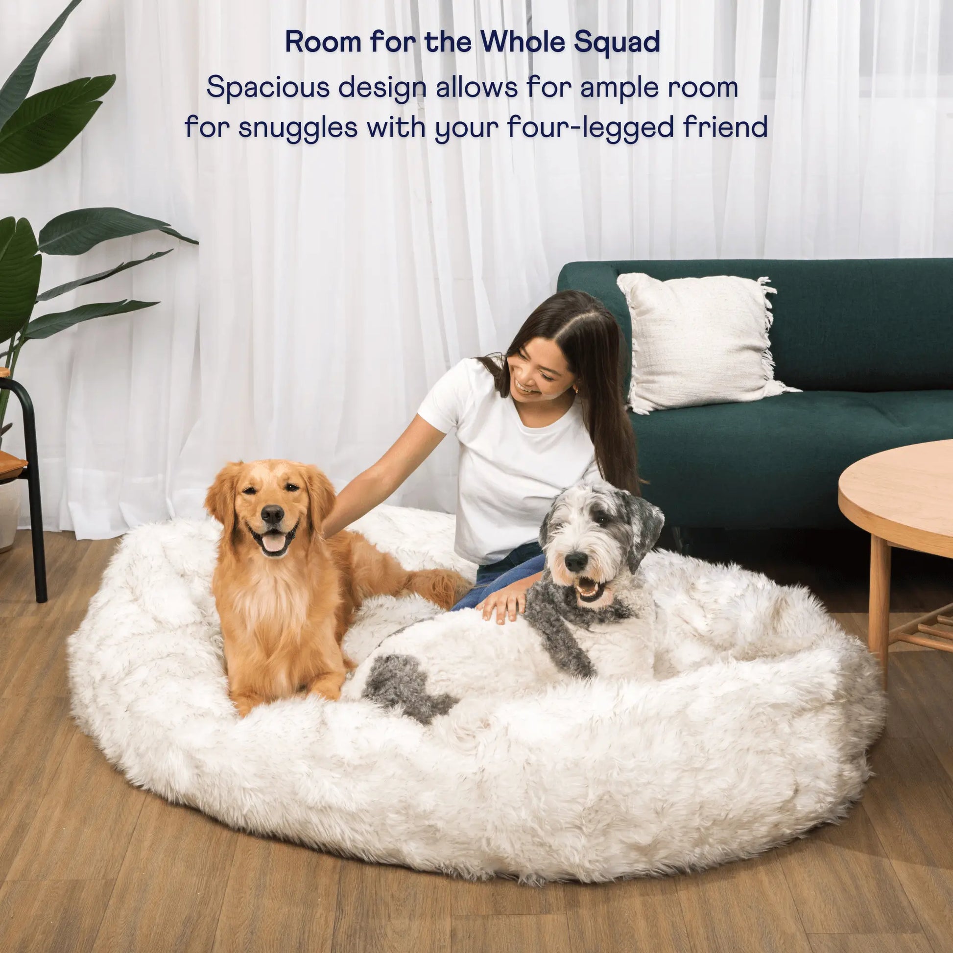 PupCloud™ Human-Size Faux Fur Memory Foam Dog Bed - White with Brown Accents Paw.com