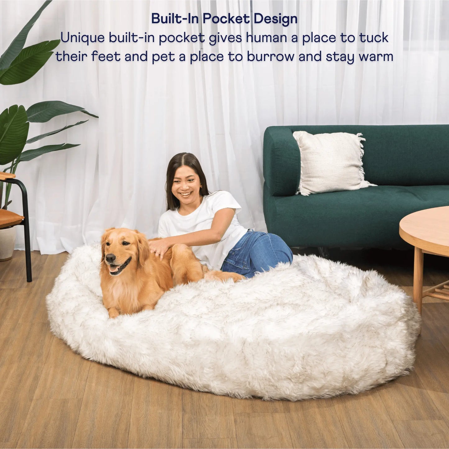 PupCloud™ Human-Size Faux Fur Memory Foam Dog Bed - White with Brown Accents Paw.com