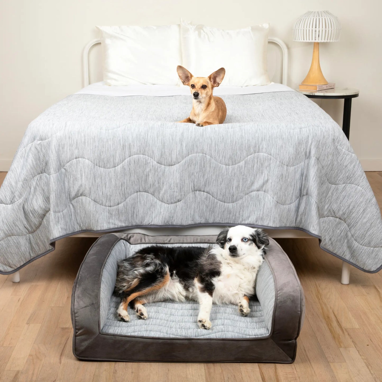 PupChill™ Cooling Bolster Dog Bed + Waterproof Blanket Bundle - Arctic Grey Paw.com