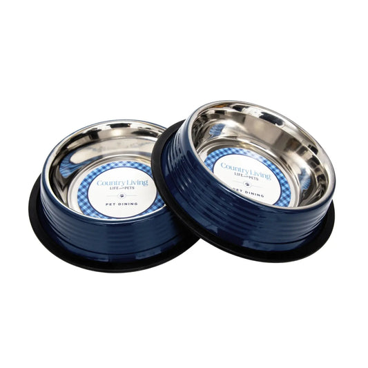 Country Living Set of 2 Ribbed Non-Slip Pet Bowls – Poseidon Blue American Pet Supplies