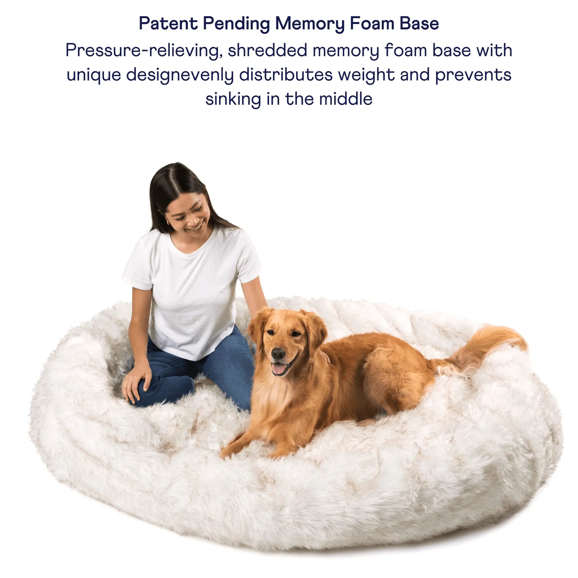 PupCloud™ Human-Size Faux Fur Memory Foam Dog Bed - White with Brown Accents Paw.com