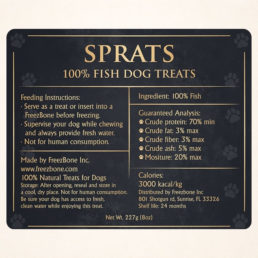 Freezbone Sprats Dog Treats - Single ingredient High Protein  (Value Size 8 oz)